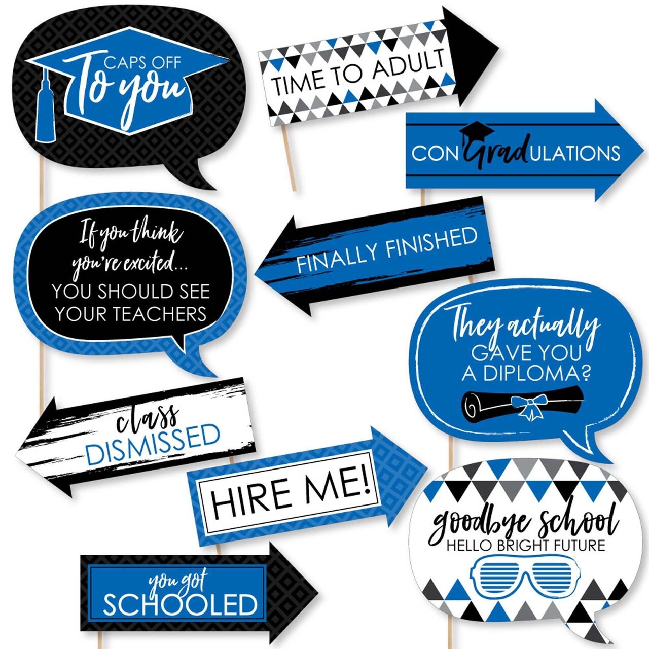 Big Dot of Happiness Funny Blue Graduation Party Photo Booth Props Kit - 10 Piece